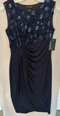En Focus Petite 4P Navy Sheath Dress Sleeveless Round Neck Sequin Ruffle Knee